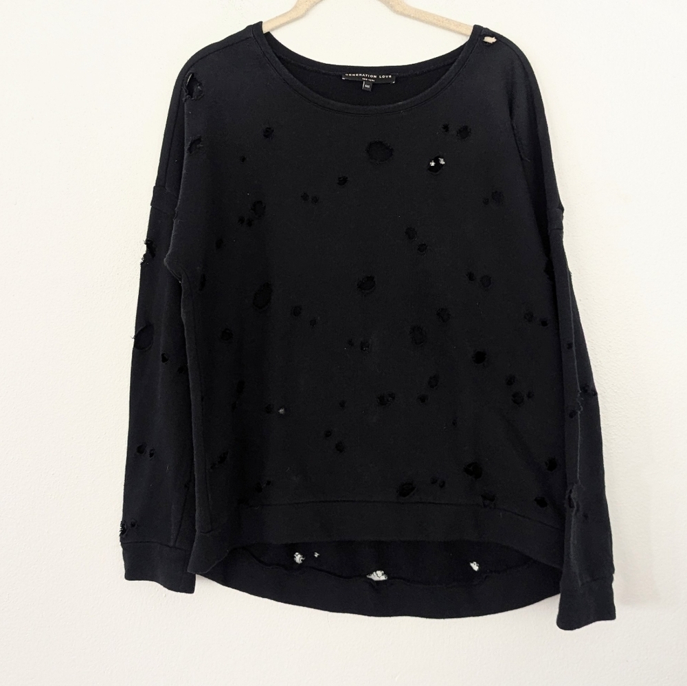 Generation Love Distressed Oversized Sweatshirt Ripped Holes Pullover Black M/L